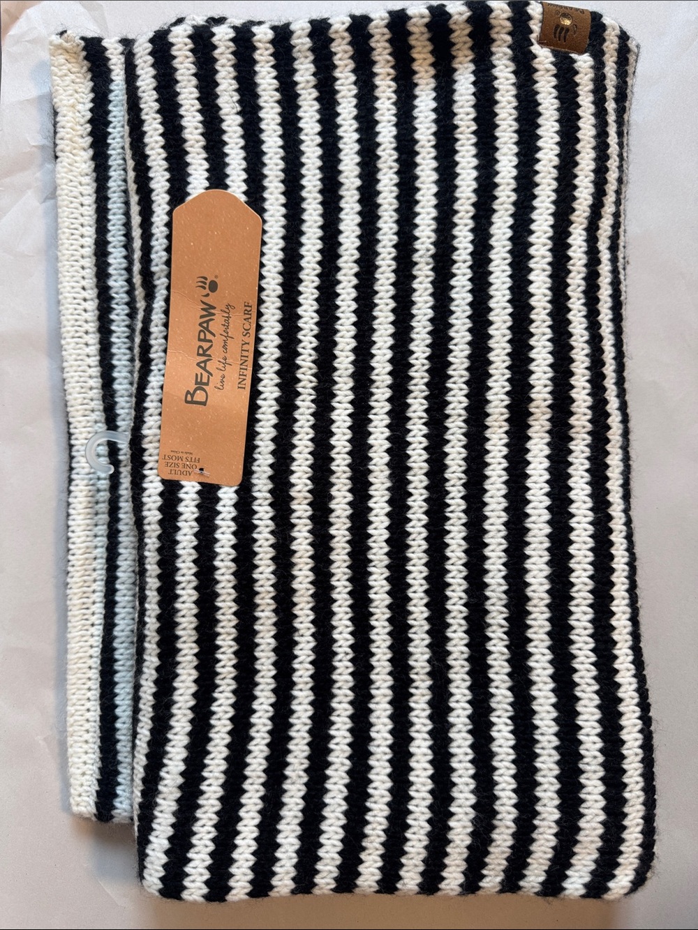 BearPaw Black and White Striped Knit Infinity Scarf